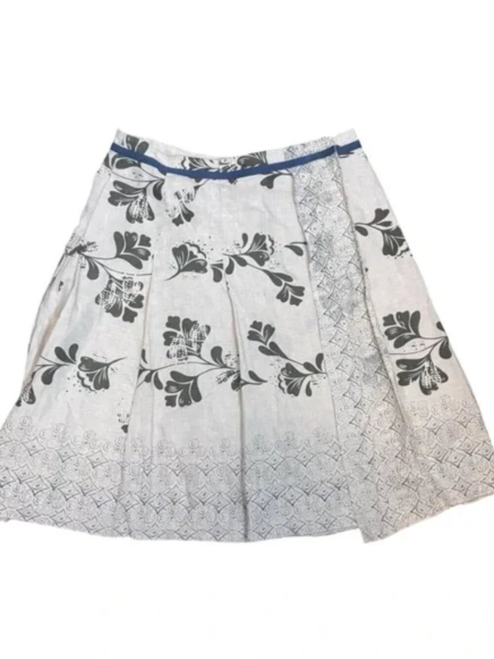 White + Warren Cream Blue Floral Linen Cottagecore Flare Skirt